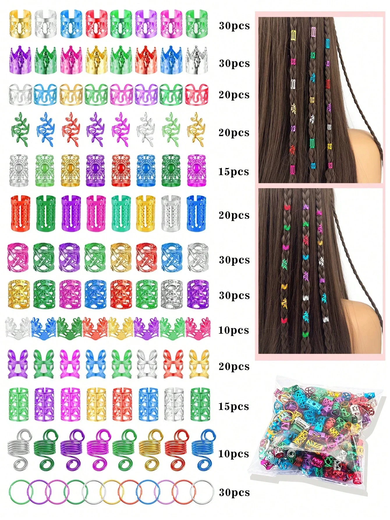 

Набор из 280 штук аксессуаров для волос из сплава, элегантный богемный стиль, дизайн с полыми бусинами, круглой формы, однотонный, идеально подходит для Дня Святого Патрика.