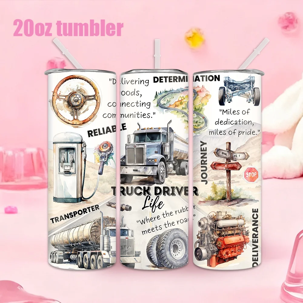 1 botella de agua con pajita de 20 oz, taza de agua aislada de acero inoxidable con diseño de la vida de un camionero.