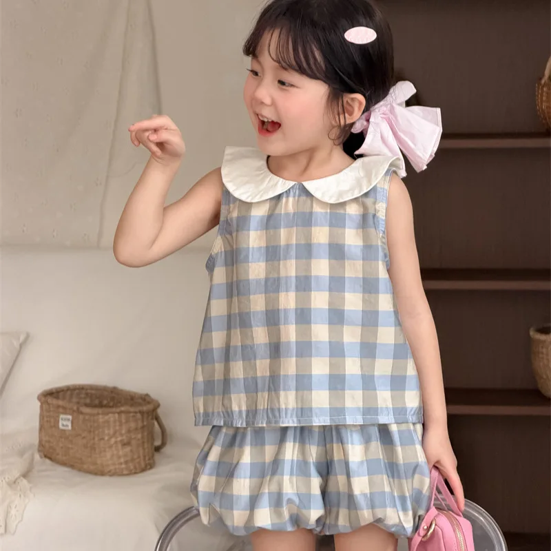 

2026Summer New Children's Doll Collar Cute Plaid Outfit for Girls Baby Sleeveless Top+Bud shorts2Pieces