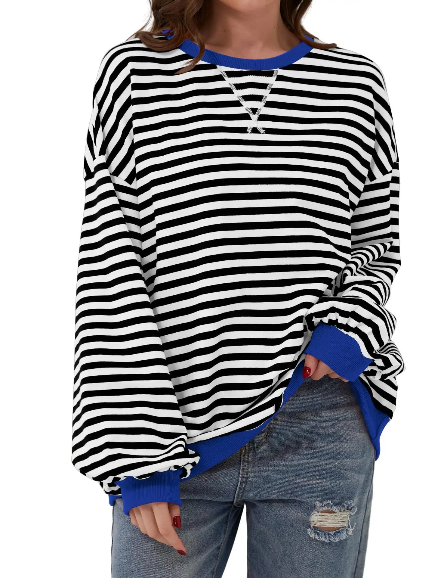 

2024 Spring Simple Home Cross-border Casual New Striped Pattern Crew Neck Trend Long Sleeve Pullover Color-Blocked Sweatshirt