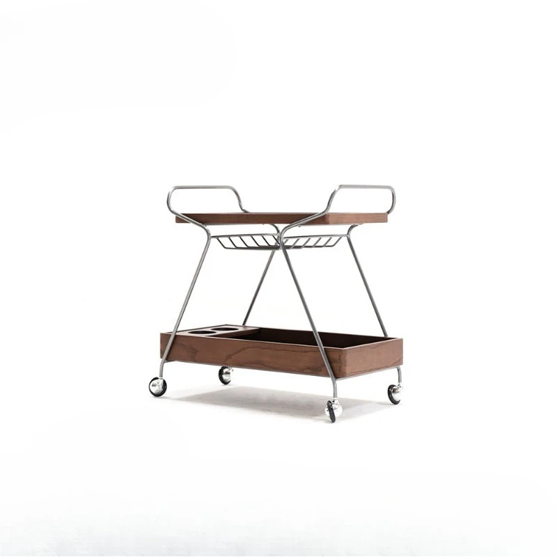French retro solid wood trolley, black walnut color, movable side dining car