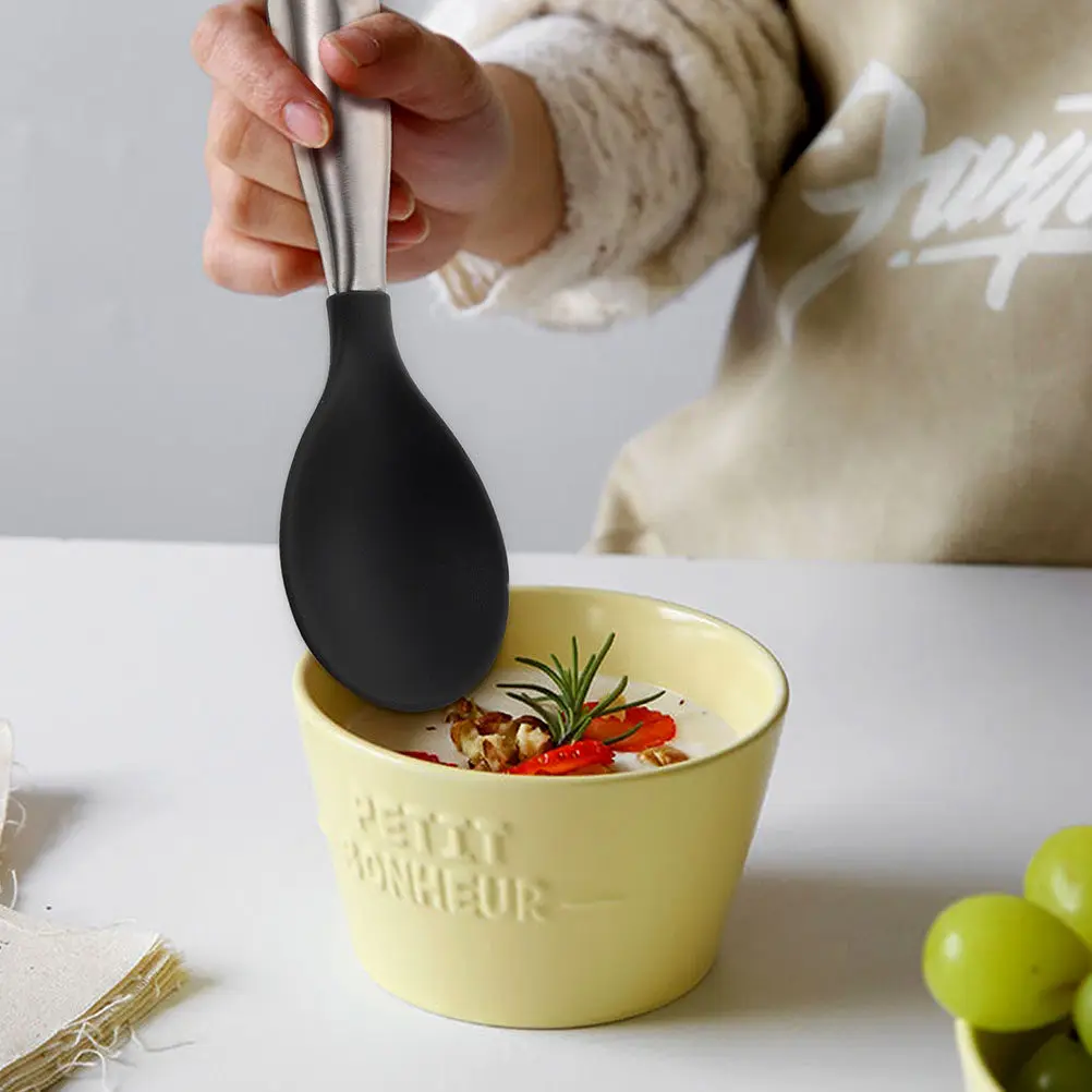 

2 шт. ложки для риса с ручками из нержавеющей стали, силиконовыми наконечниками, большой вместимостью, легко моются, эргономичные, для семейного использования и в качестве подарка