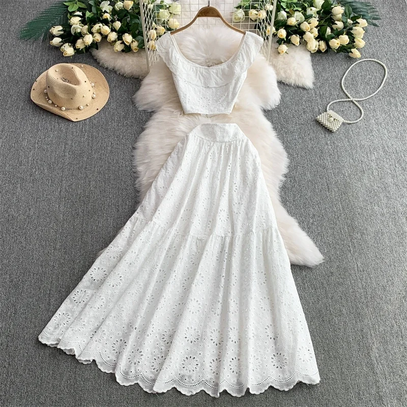 

Beach Vacation Boho Style Hook Flower Hollow Two-piece Set for Women Sweet Lotus Leaf Edge Crop Top+high Waist Half Skirt Sets