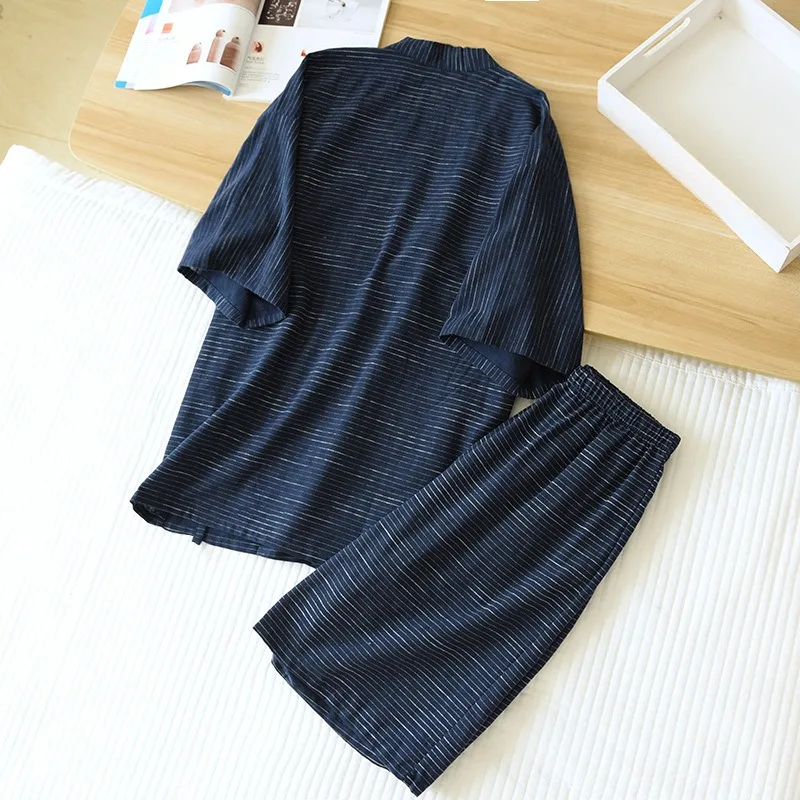 Mens Cotton Pajamas Japanese Kimono Yukata Sets Cardigan Sleepwear Stripe Short Sleeve Summer Loose Yukata Fashion Pajamas 2022