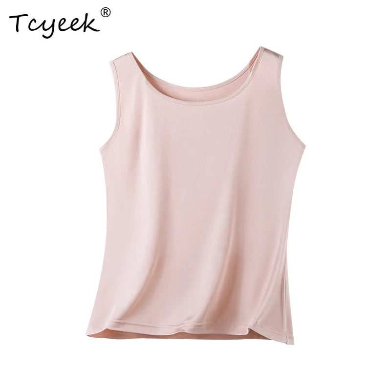 Tcyeek 100% Mulberry Silk Summer Ladies Tops Tank Top Women Thin Style Vest for Woman Loose Underwear Sleeveless Soild Color