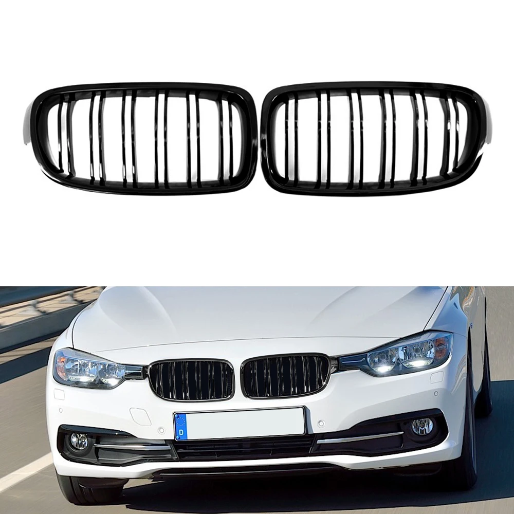 1 Pair Front Bumper Kidney Grille Glossy Black Replacement For BMW 3 Series F30 F31 F35 2012-2019  Double Slat Line Front Grille