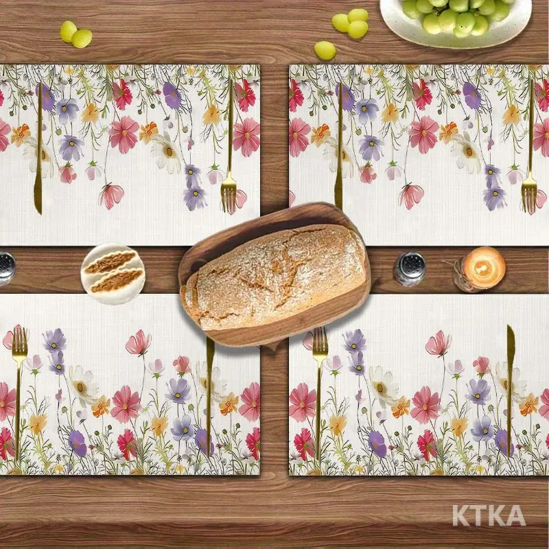 4Pcs, Small Floral Ins-Style Placemats, the Best Placemats, Washable, Suitable for Holiday Parties, Home Decor, Kitchen Countertops, Rectangular Dining Rooms, Make Your Dining Room and Kitchen More Beautiful, a Birthday Gift and Housewarming Party Gift for Family and Friends