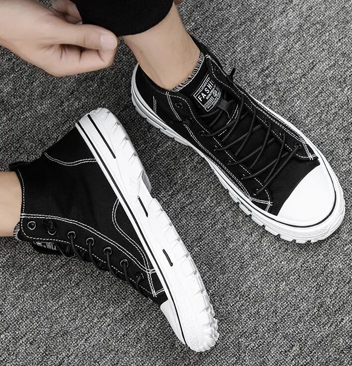 Fashion High Top Canvas Shoes Men Lace-up Sneakers With Platform Beige Black Gray Breathable Men Skateboard Trend Shoes