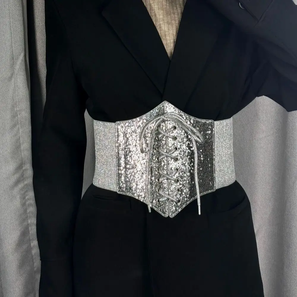 Fascia elastica dorata con glitter scintillanti Cintura con stampa leopardata Cintura in pelle PU Cintura con corsetto blingbling Donna