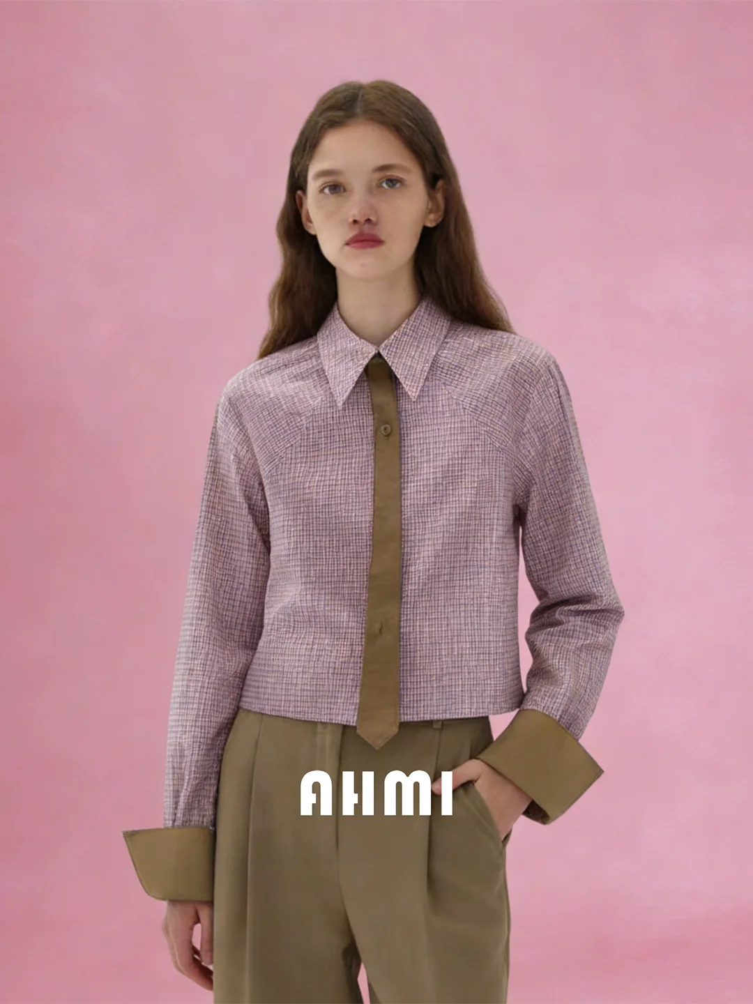 

AHMI Pink Mist Rose High Intelligence College Style Color Block Plaid Long Sleeve Women's Shirt Spring Short Top Casual Loose...