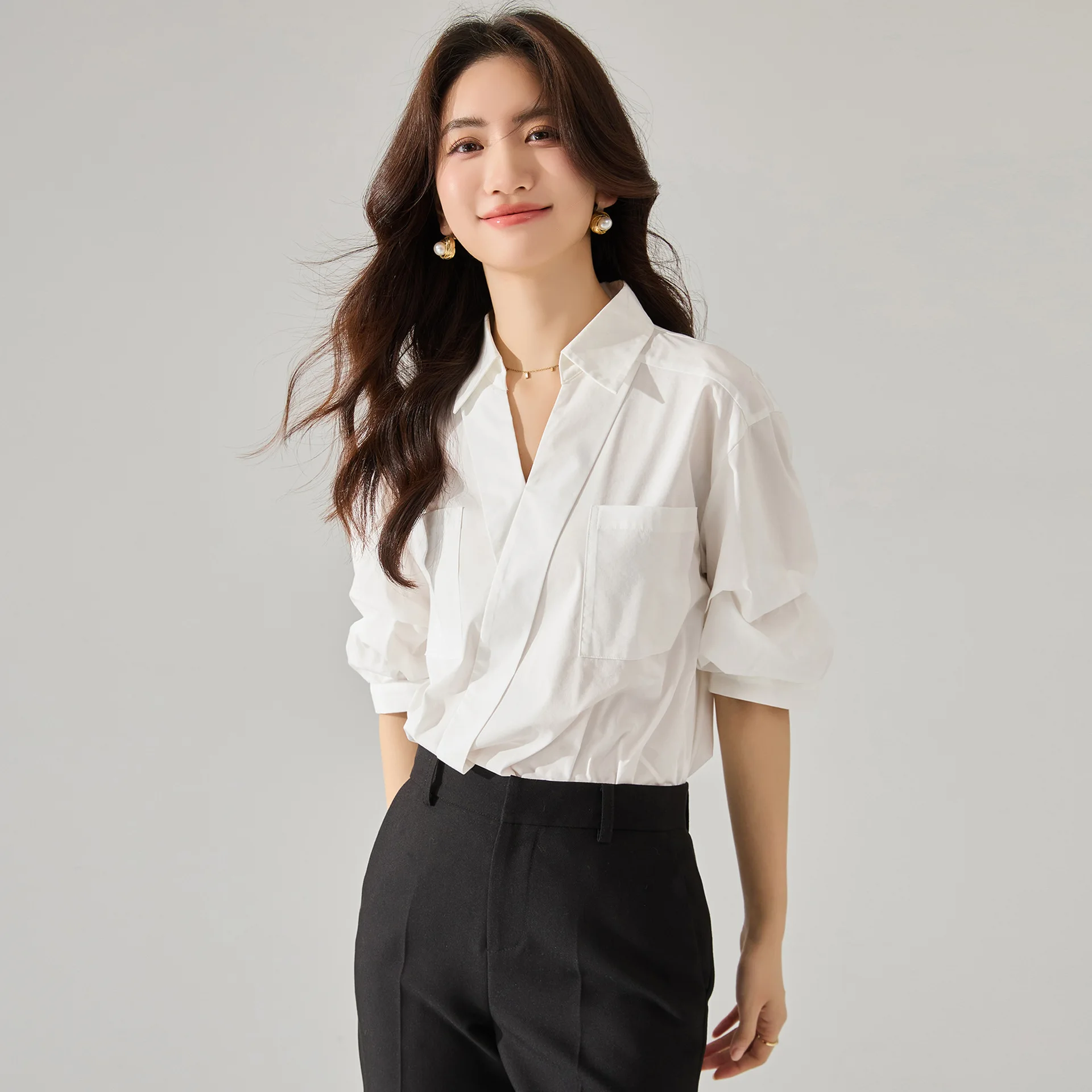 100% Cotton Women's Shirt with V-neck and Mid-length Sleeves for Office or Casual Wear