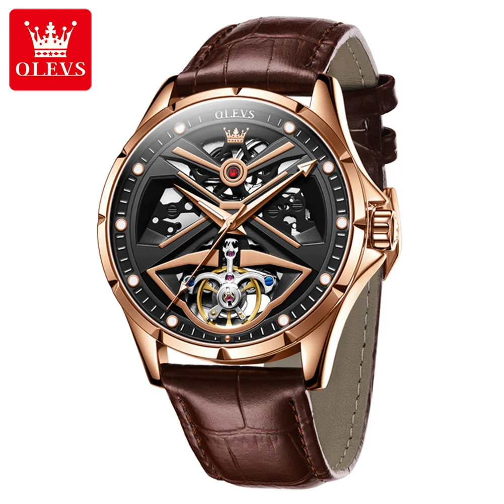 OLVES 6655 Original Automatische Uhr für Mann Leder Armband Skeleton Uhr Zifferblatt Männlichen Mechanische Uhr Hohl Herren Armbanduhr Neue