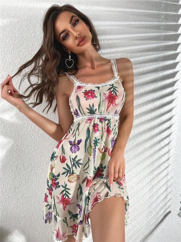 Floral Print Sleepwear Mesh Ruffle Hem Cami Nightdress Bride Nightwear Babydoll Vintage Sleep Dress