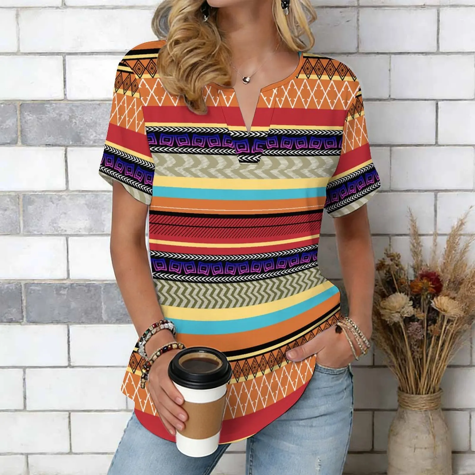 Women Print Notched V Neck Short Sleeve Casual Loose Tunic Tops