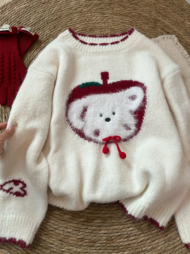 Maglione stile preppy simpatico cartone animato da donna vintage a maniche lunghe dolce maglione lavorato a maglia casual vento pigro coreano signora autunno inverno top