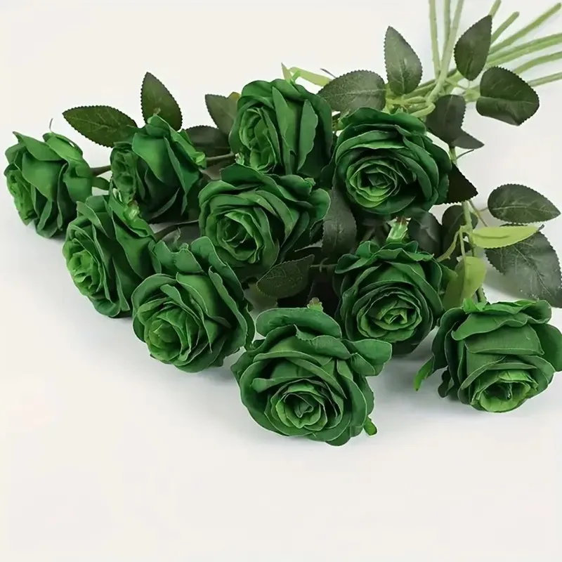 6 Stück/12 Stück dunkelgrüne Seidenrosen, künstliche Blumen für Zuhause, Hochzeitsdekoration, gewölbte Blumen, Wanddekoration, Valentinstagsgeschenke – Detail 4
