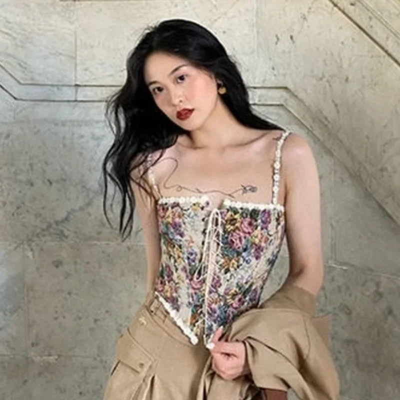 Y2k Women Elegant Vintage Print Halter Tops Chic Bandage Floral Corset Shirts French Designer Sexy Style Party Club Ladies Top image 3