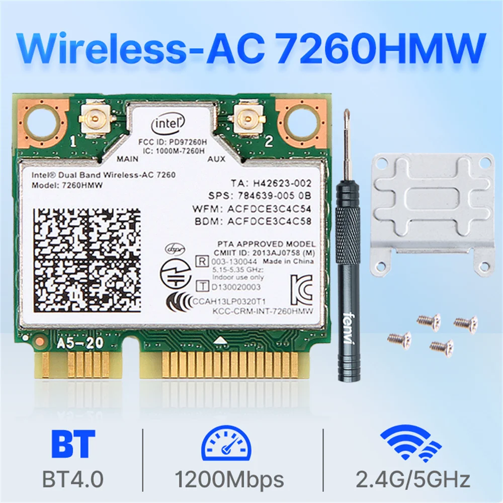 ネットワークアダプター用ワイヤレスwifiカード,ac7260,7260, 1200mbps,ミニpci-e,2.4g,5ghz,bt4.0,802.11ac,a,b, g, n,win7,8, 10