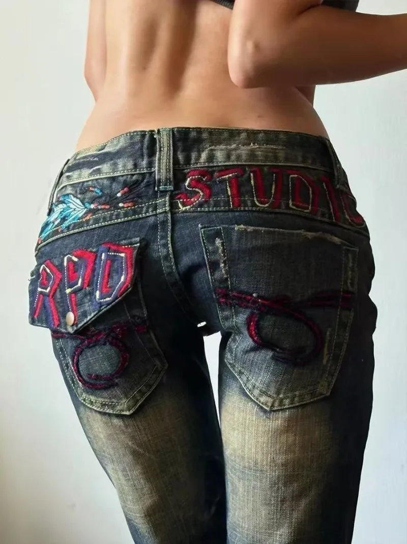 American Spice Girl Subculture Old Micro-pull Jeans Children Retro Design Sense Heavy Industry Embroidery Low-rise Floor Pants