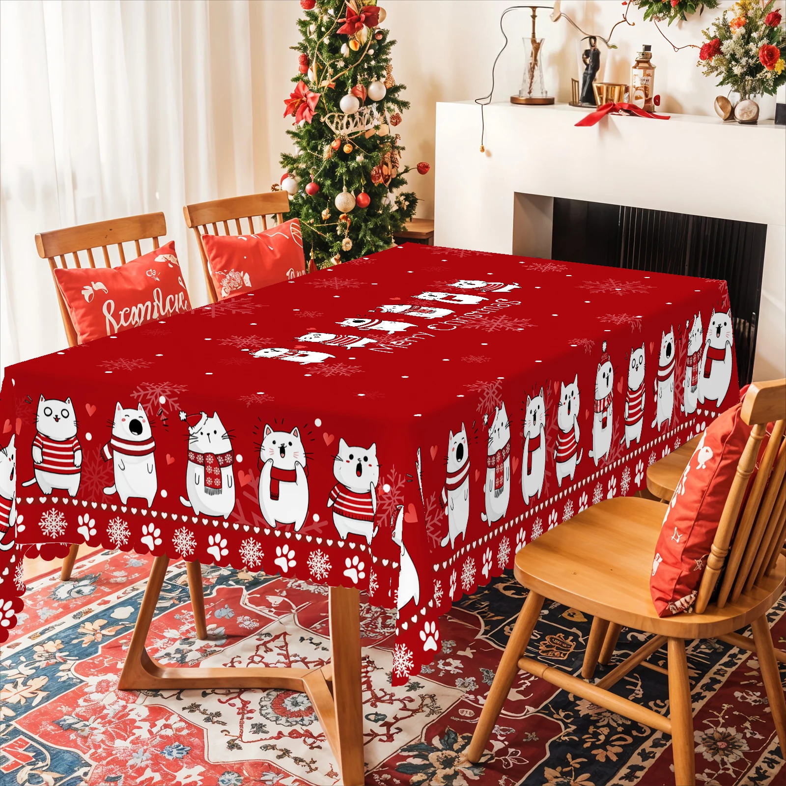1 Piece, Christmas Printed Polyester Tablecloth + 4 Self-Adhesive Stickers, Six Cute Cat Pattern Prints, Embossed Edges, Suitable for Home Kitchen, Living Room Dining Table, Balcony Coffee Table, Holiday Party Table Decoration, Outdoor Picnic Decoration, Coffee Table Decoration Tablecloth Table Cover, Perfect Gift for Cat Lovers, Autumn and Winter Tablecloth Decoration, Christmas Decorative Tablecloth-Oo-104