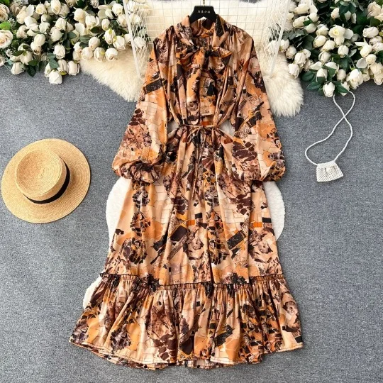 2024 Light Mature Style Elegant Maxi Dress Women Retro Temperament Lantern Long Sleeve Bow Tie Waist Up A-Line Printed Dress