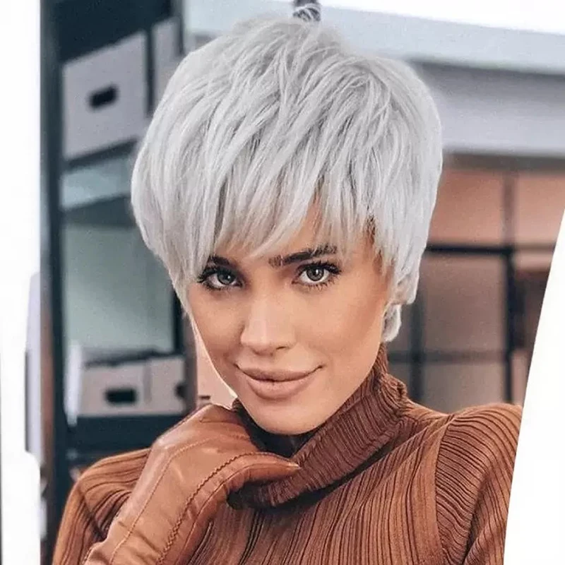 

Unisex Silver Gray Short Wig Cosplay Middle-aged and Elderly People Button Mesh Chemical Fiber Filament Daily Wear Full Hair