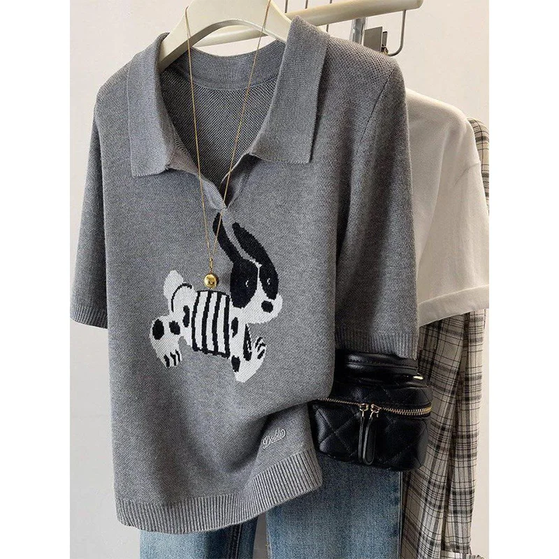Women's Clothing Cartoon Jacquard Loose T-shirt Summer Casual Knit Short Sleeve Tees Lady Basic Large Size turn-down Collar Tops