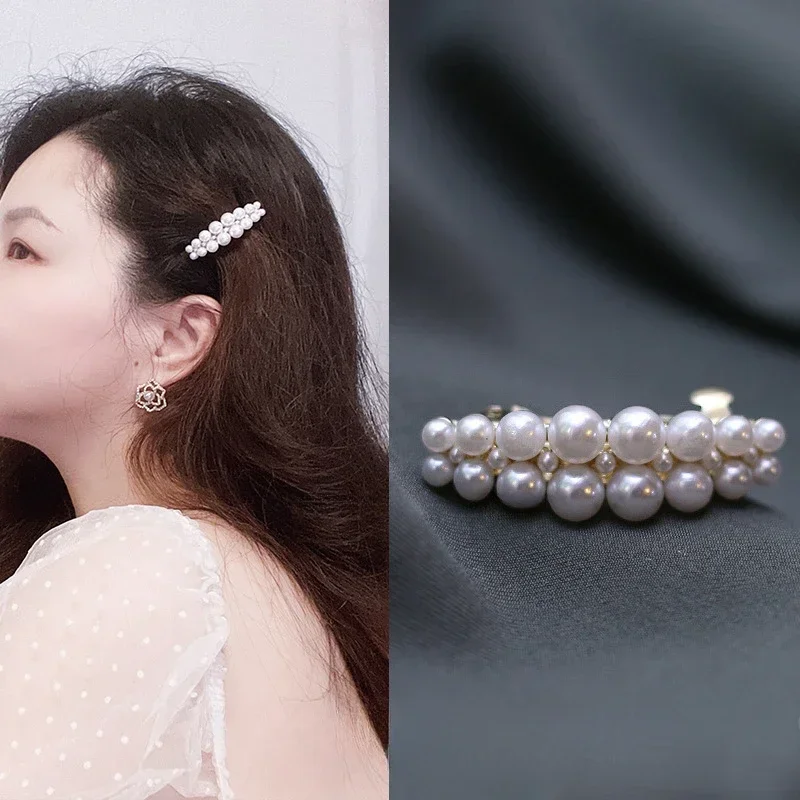 4cm Beautiful Pearl Barrettes Fashionable Pearl Diamond Studded Metal Hair Clip Temple Hair Accessories