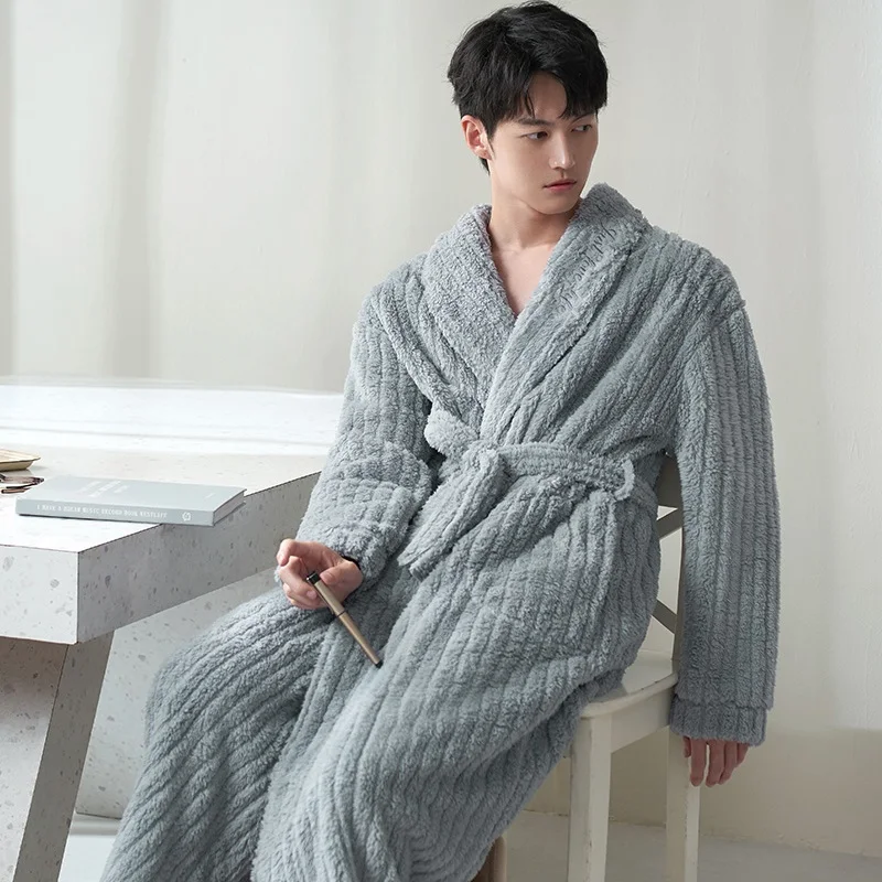 Autumn Winter Male Plush Velvet Long Bathrobes Sleepshirts Flannel Home Dress Sleepwear Warm Comfortable Kimono Indoor Clothes