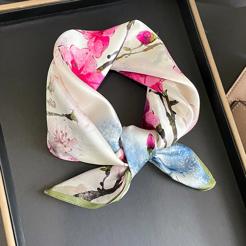 

53cm Real Silk Nature Scarf Women Neckerchief Foulard Bandana Small Hairbands Fashion Floral Neck Ties for Office Lady 2024 New