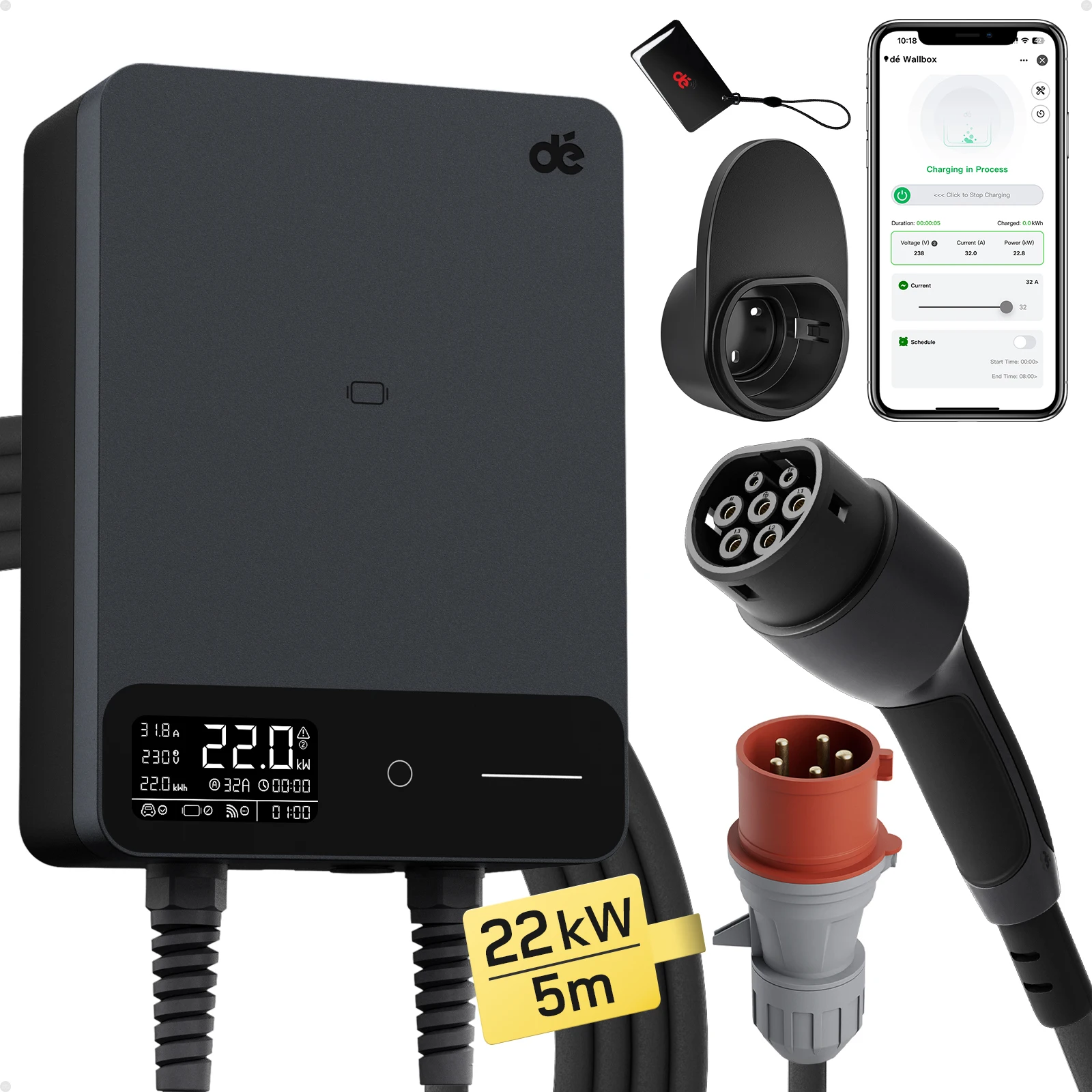dé Wallbox 22kW 32A met APP, 230V Home oplaadstation, 5m 7,5 m 10m 15m oplaadkabel, CEE naar Type 2 EV oplader Zwart