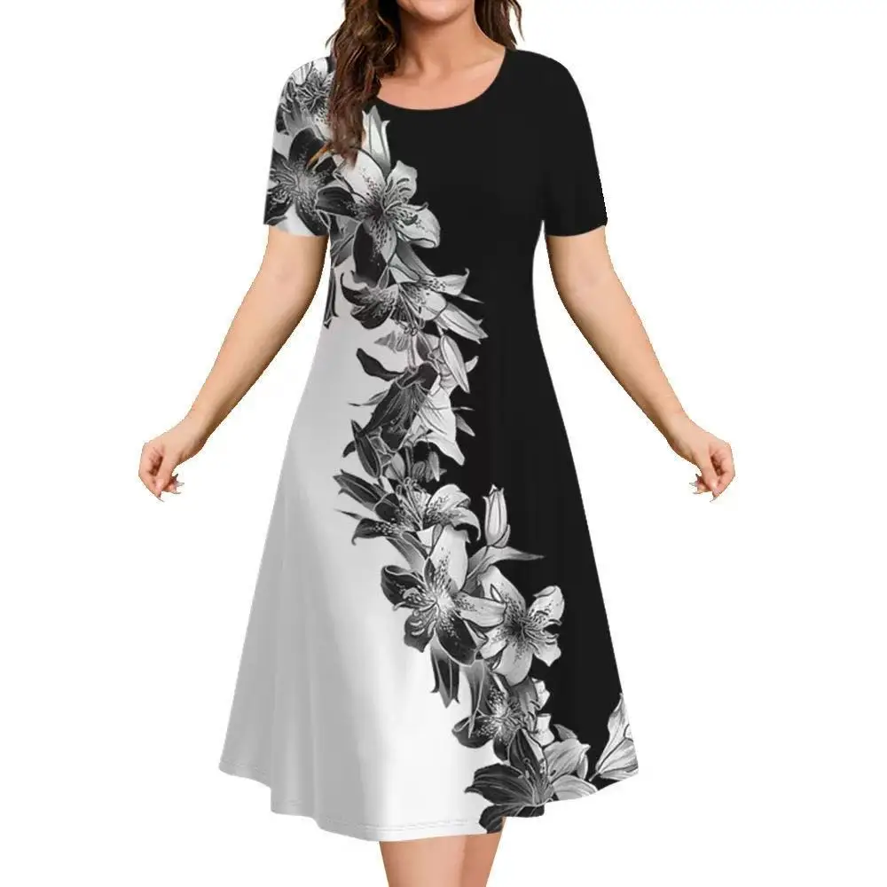

New Europe Summer 2025 Plus Size Women's Milk Silk Short Sleeve Dress 3D Floral Ladys DressesPrint Slim Fit Casual Party Wear