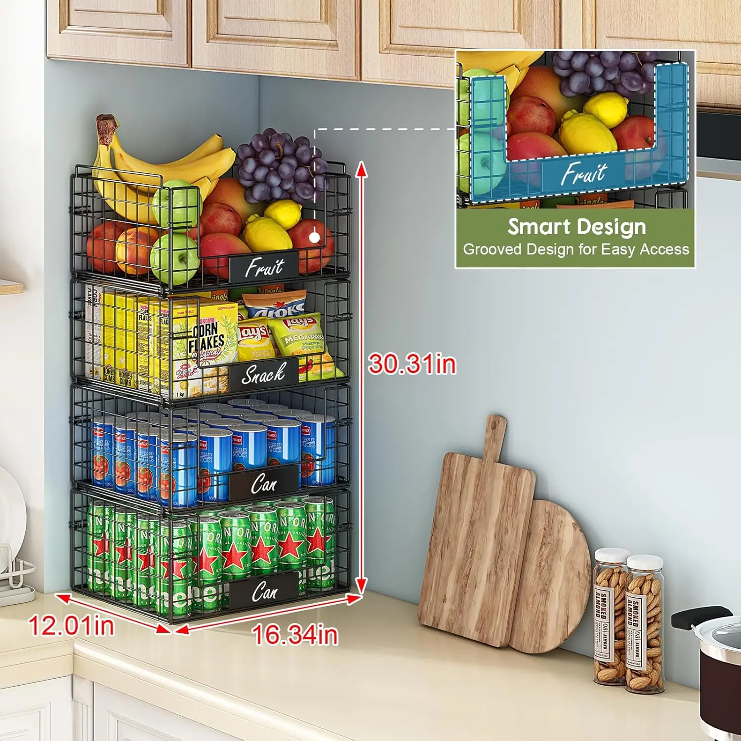 Stackable Wire Baskets with Handles for Pantry Storage and Organization,Fruit and Vegetable Basket with Name Plates