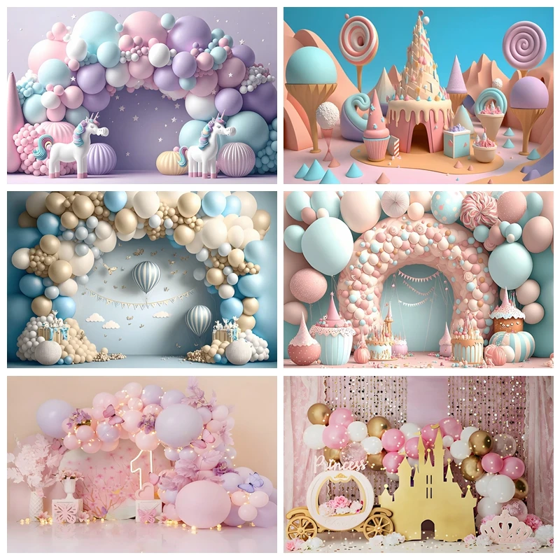 Baby 1st Birthday Backdrop for Photography Colorful Balloon Arch Candy Castle Butterfly Kids Portrait Cake Smash Background Prop