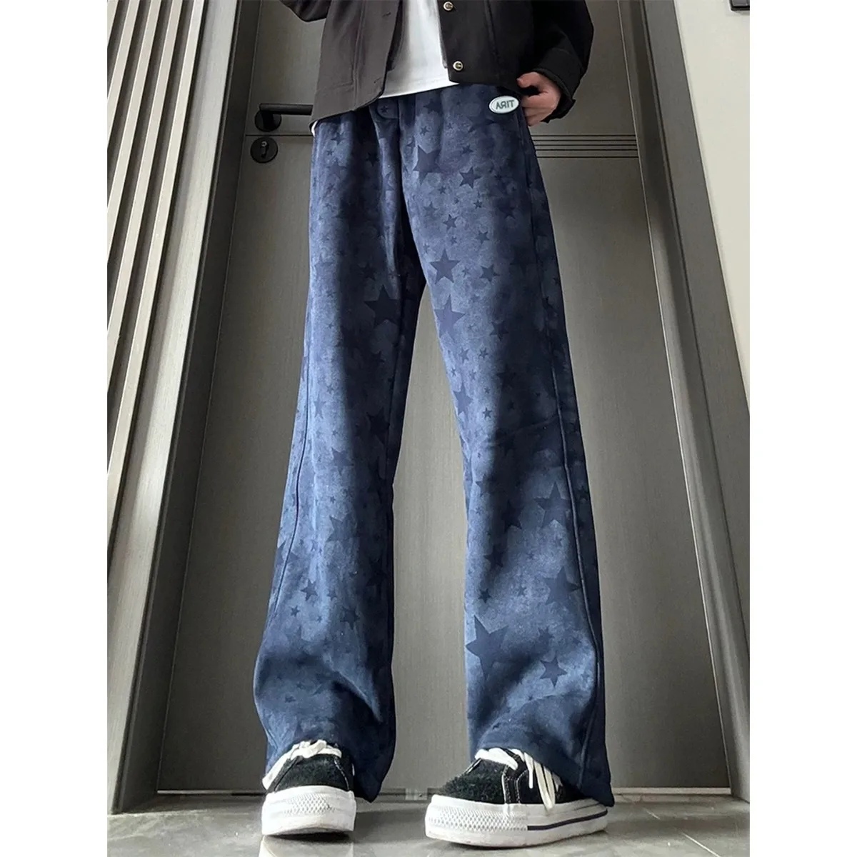 Trendy Tie Dye Straight Leg Men's Casual Pants Autumn Winter Star Print Comfortable Elastic Waist Street Style Sports Trousers