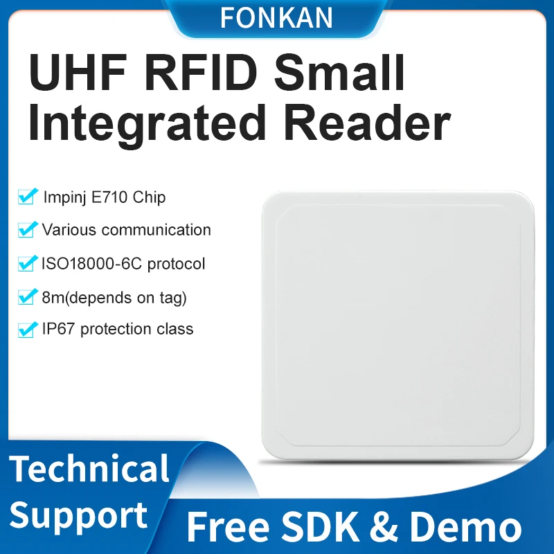 

FONKAN long range 8M uhf rfid integrated reader R2000 module built-in 4dbi antenna read tags/labels RS232/UART RS485 TCP/IP TRIG