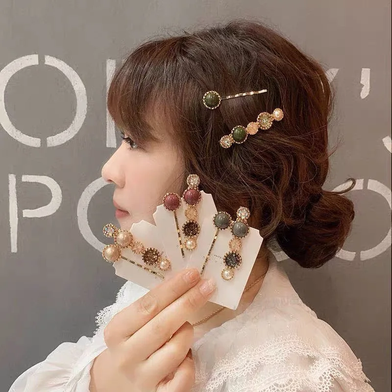 

2pcs/lot Rhinestone Women Girls Bangs Clip Side Clip Flashing Round Pearl Hairpins Side Clips Kid Korean Headdress 2023 New Year