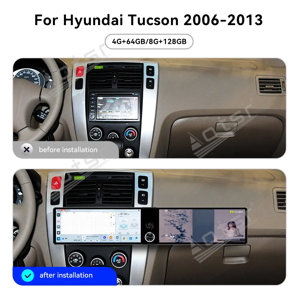 

Для Hyundai Tucson 2006-2013: 12.3-дюймовое автомобильное радио с двумя экранами на Android 13, мультимедийный видеоплеер, GPS-навигация, Carplay, DSP