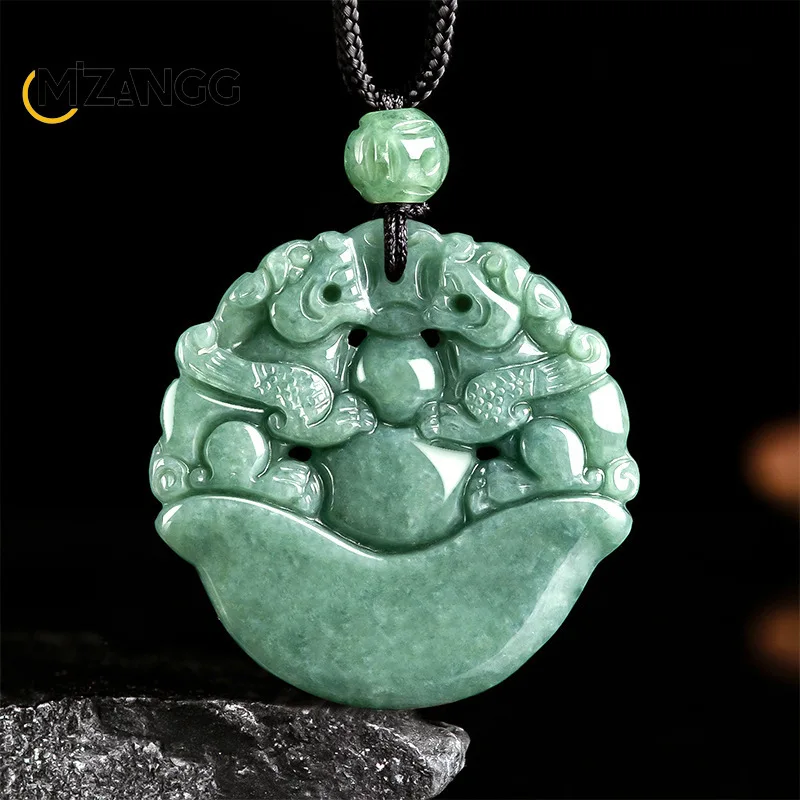 

Natural Jadeite Double Pixiu Pendant Hand-carved Luxury Exquisite Bean Seed Jade Necklace Men and Women Mascots Holiday Gift