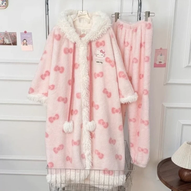 

Sanrio HelloKitty Cartoon Plush Robe Women's Autumn and Winter Pajamas Bathrobe Padded Warm Home Clothes Set Holiday Gift