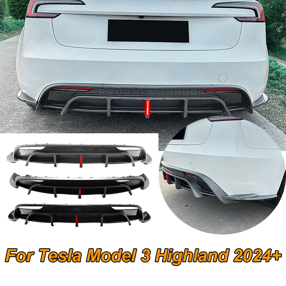 Per Tesla Model 3 Highland 2024 + diffusore paraurti posteriore nero lucido carbonio fiber PP materiale labbro posteriore LED Pilot Light