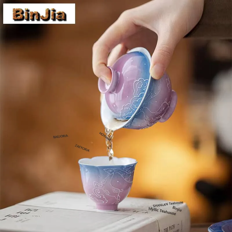 80ml Hand-painted Deer Starry Sky Purple Gaiwan Ancient Tea Tureen Tea Bowl With Lid Kit Tea Maker Cover Bowl Tea Services Craft
