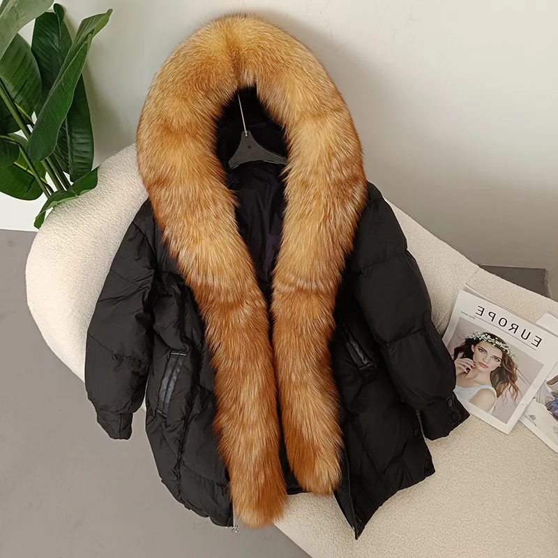 Hot Sale Winter new women's oversized fox fur collar fur jacket with thickened warmth, fashionable mid length hooded down jacket