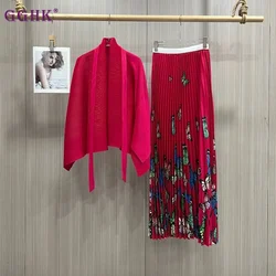 GGHK Pleated Women 2 Piece Solid Color Irregular Shawl Top High Waist Casual Pattern Printed Half Skirt 2025 Spring Fall New Set