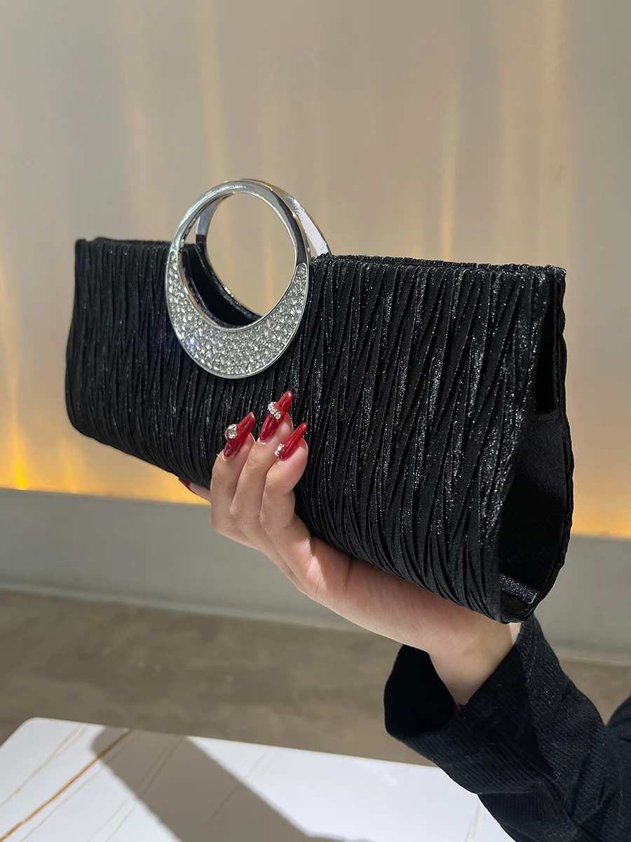 Satin Rhinestone Evening Clutch For Women Fashion Chain Handle Purse Pleated Handbags Wedding Cocktail Party Bag Champagne