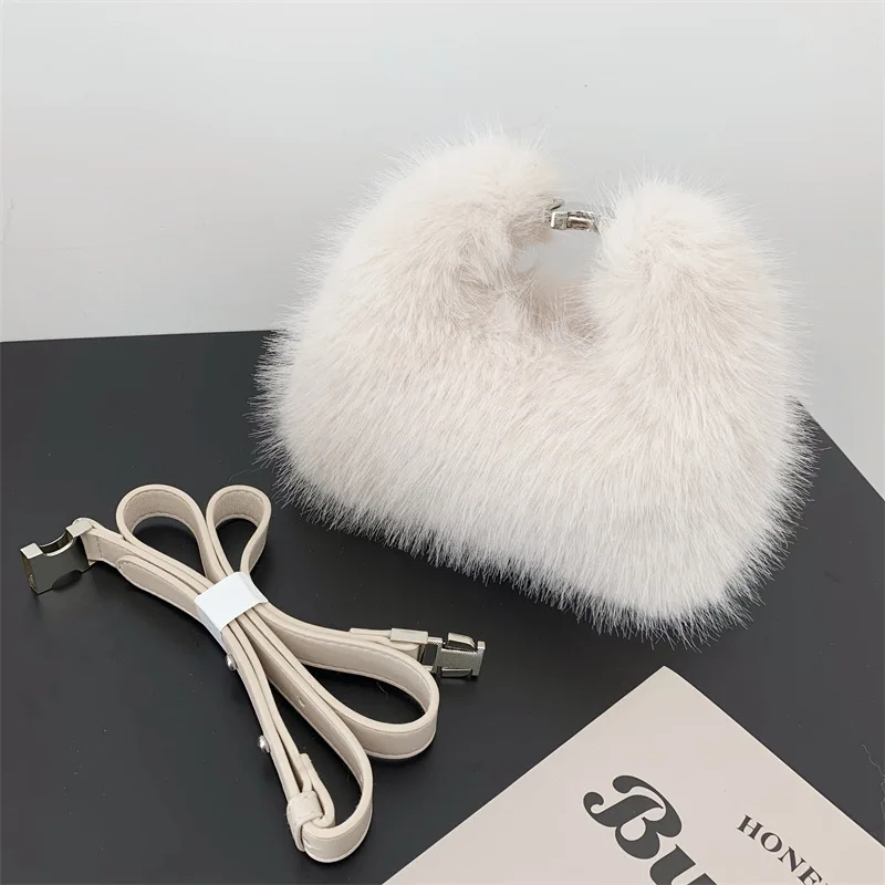 Simple Design Women Soft Plush Hobos Shoulder Bags Winter Furry Ladies Clutch Purse Handbag Fashion Female Underarm Evening Bag