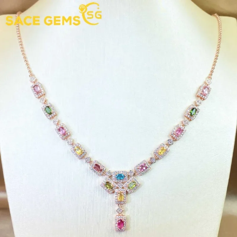 

SACE GEMS Luxury 925 Sterling Silver Natual Tourmaline Pendant Necklaces for Womne Sparkling Fine Jewelry Christmas Present