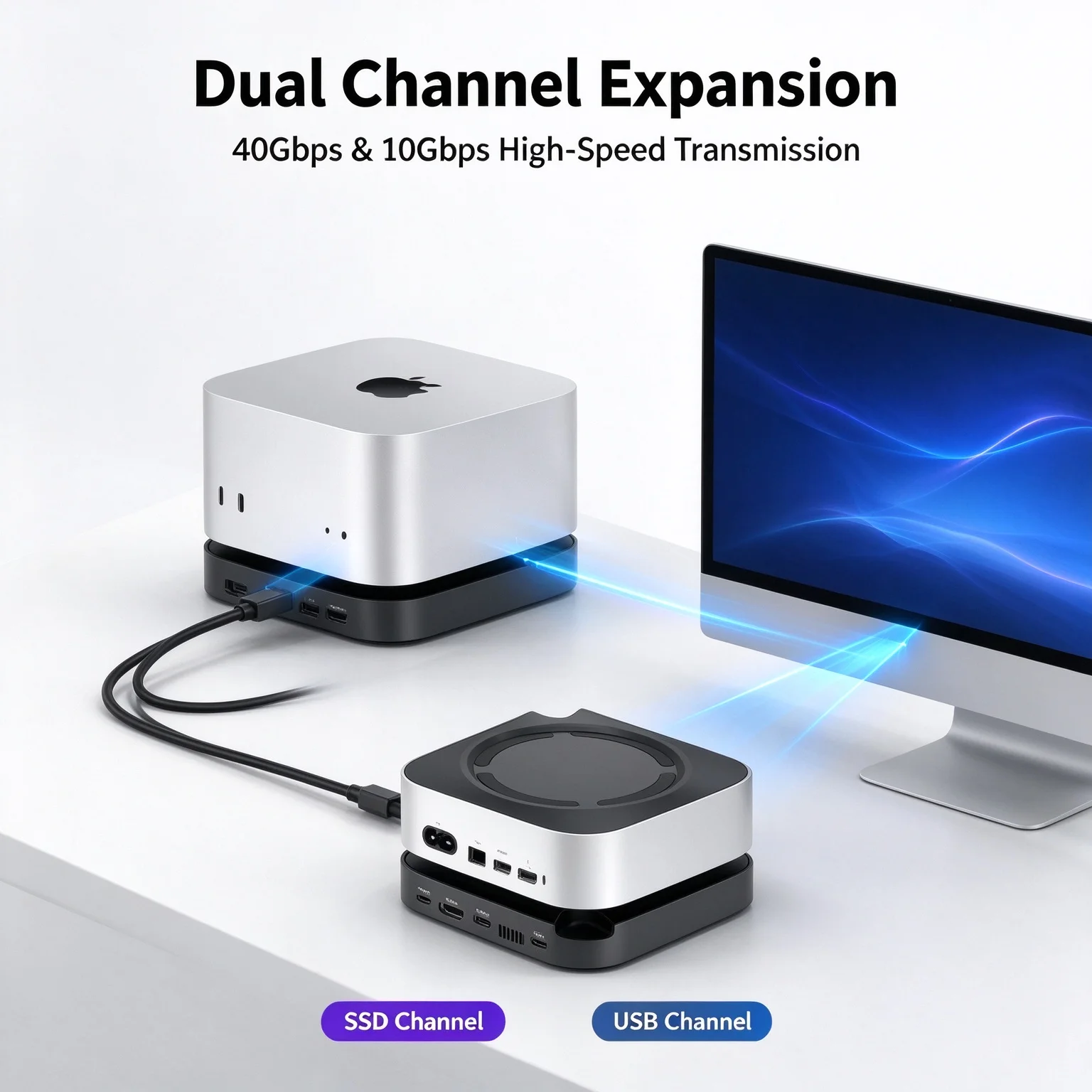 Dual Channel 10Gbps SSD USB3.2 Docking Station for MacMini M6 M5Pro M4, Silver, High Speed Expansion Hub