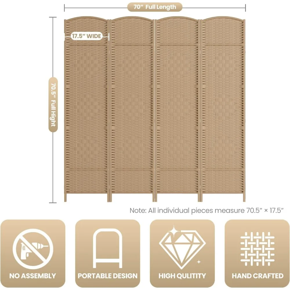 Folding Privacy Screen 6 Feet Tall - Diamond Weave Fiber Panel Wall Divider with 4 Panes for Enhanced Privacy
