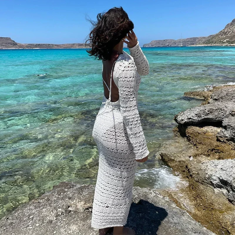 Sexy rückenfreies Langarm-Strickkleid mit Schnürung für Damen, weibliche Badebekleidung, Badeanzug-Vertuschung, gehäkelter Bikini-Vertuschung, Strandkleid